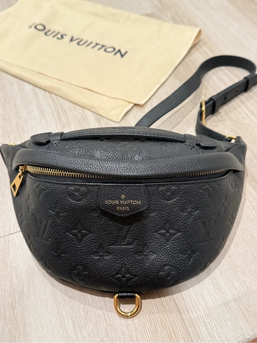 Louis Vuitton Black Monogram Embossed Crossbody Belt Bag with Gold Hardware